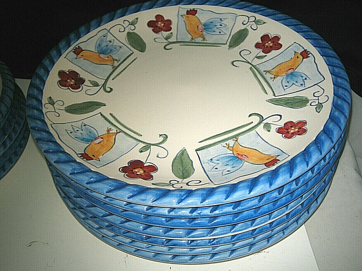 7pc GIBSON EVERYDAY ROOSTER DINNER PLATES Rope Rim 10 3/4" Nice Design