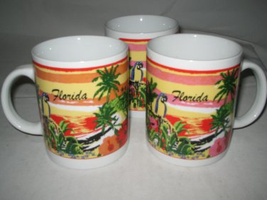 3 Florida Ceramic Mugs Cups Parrots Palm Trees  Excellent