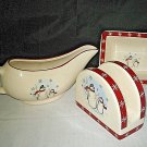 ROYAL SEASONS STONEWARE SNOWMAN  Gravy Boat Napkin Holder Snack Tray LOOK