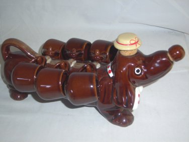Vintage Ceramic Brown Drip Glaze Beagle Hound Dog Decanter W/6 Cups Deco Only
