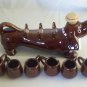 Vintage Ceramic Brown Drip Glaze Beagle Hound Dog Decanter W/6 Cups Deco Only