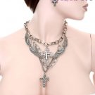 AMAZING SILVER ANGEL WING CROSS CHOKER NECKLACE EARRING SET GOTH VICTORIAN BLACK