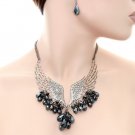 SEXY AMAZING SILVER ANGEL WING CHOKER NECKLACE EARRING SET SPARKLING BLACK