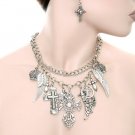 AMAZING SILVER ANGEL WING CROSS CHOKER NECKLACE EARRING SET GOTH VICTORIAN CZ