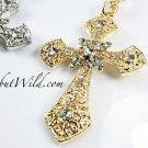AMAZING CZ CRYSTAL LARGE 3" GOLD CROSS 28" CHAIN VICTORIAN GOTH CHRISTIAN