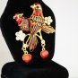 STUNNING VINTAGE ART VIVID RED ENAMEL RHINESTONE TWIN BIRD GOLD PLATE BROOCH PIN