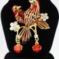 STUNNING VINTAGE ART VIVID RED ENAMEL RHINESTONE TWIN BIRD GOLD PLATE BROOCH PIN