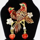 STUNNING VINTAGE ART VIVID RED ENAMEL RHINESTONE TWIN BIRD GOLD PLATE BROOCH PIN