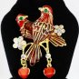 STUNNING VINTAGE ART VIVID RED ENAMEL RHINESTONE TWIN BIRD GOLD PLATE BROOCH PIN