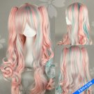 Lolita Pink mix Blue Curly Ponytails Cosplay Party Hair Wig 80cm