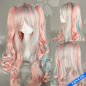 Lolita Pink mix Blue Curly Ponytails Cosplay Party Hair Wig 80cm