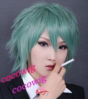 Togainu No Chi Akira New Short Turn-up Green Gray Cosplay Party Synthetic Wig
