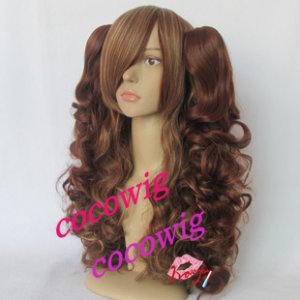 Lolita Long Curly Brown Cosplay Wig+2 Curly Clip On Ponytails