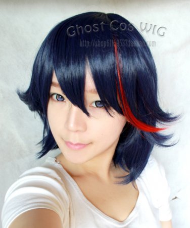 Kill la kill Medium Deep blue mix red straight cosplay cos wig+Free Wig Cap