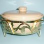 Bauer Sand or Tan Speckled Casserole With Lid and Metal Handled Rack Stand Holder