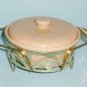 Bauer Sand or Tan Speckled Casserole With Lid and Metal Handled Rack Stand Holder