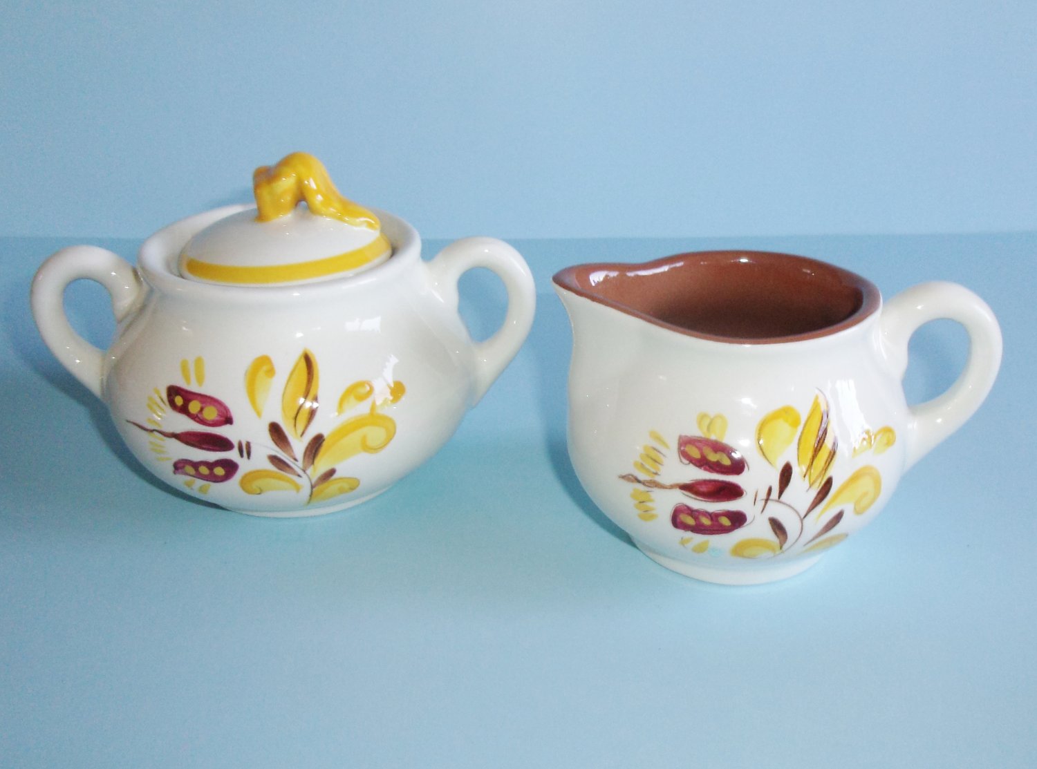 Stangl Provincial Sugar Bowl and Creamer Yellow and Brown Flower Design Vintage 1970s USA