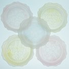 5 Jeannette Iris And Herringbone Frosted Glass Luncheon Plates Blue, Pink and Yellow