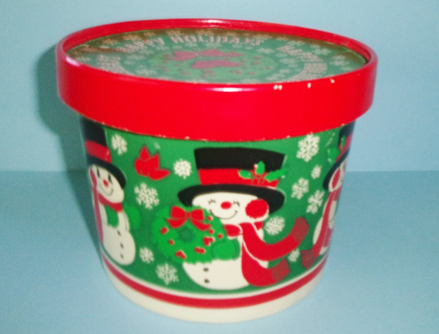Hallmark Cardboard Happy Holidays Snowmen Container Tub W Lid Vintage