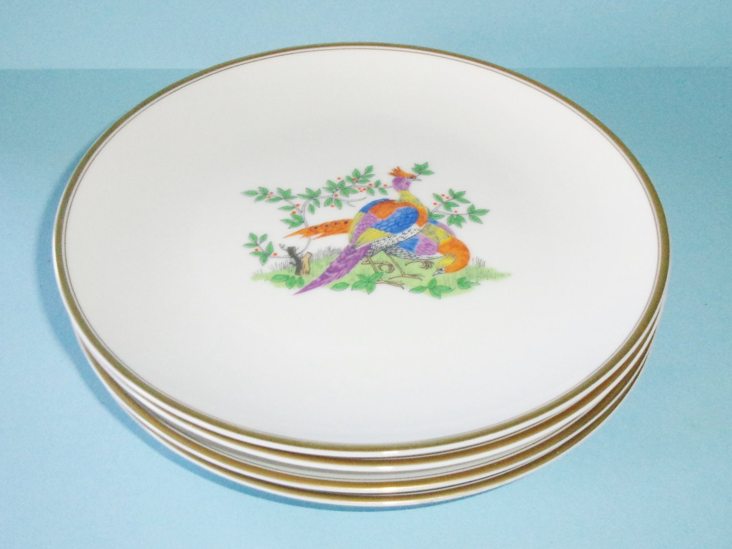 Fitz and Floyd Colorful Bird Plates Set of 4 Salad Plates With Gold Trim