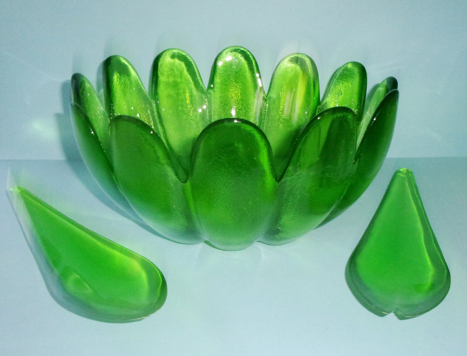 Indiana Glass Lime Green Luau Salad Bowl Lotus Shape With Utensils