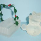 Dept 56 Satin Glass Christmas Snowman Candle Holder and Holly Basket