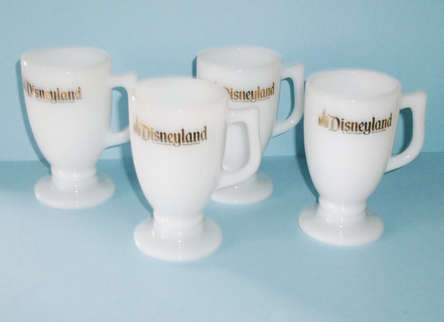 Disneyland Milk Glass Mugs Set of 4 Gold Lettering Non Personalized Vintage