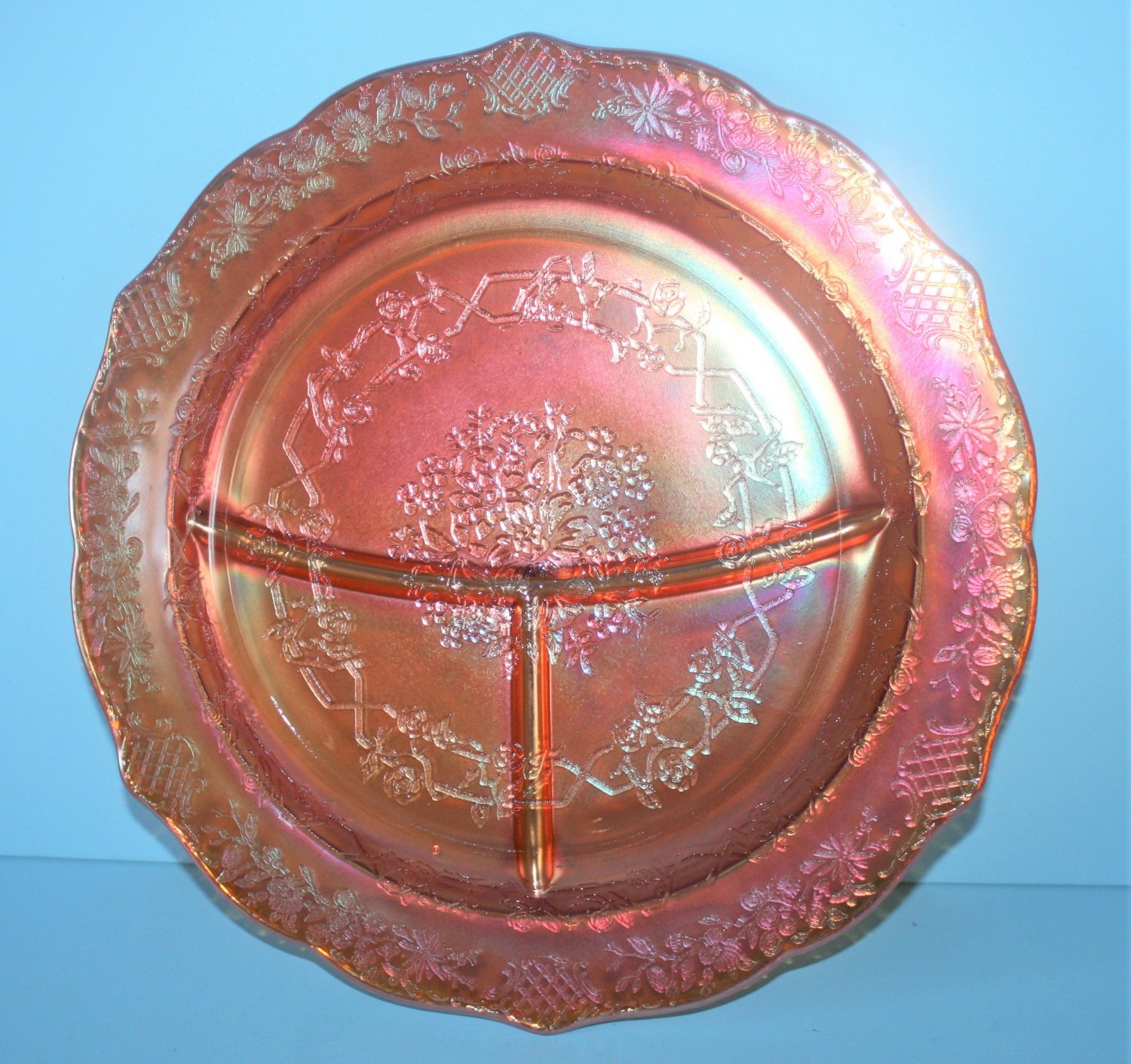 Normandie Bouquet and Lattice Carnival Glass Grill Plate Marigold Fed Glass
