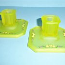Tiffin Canary Yellow Pair Square Candlesticks Satin Glass With Painted Flowers