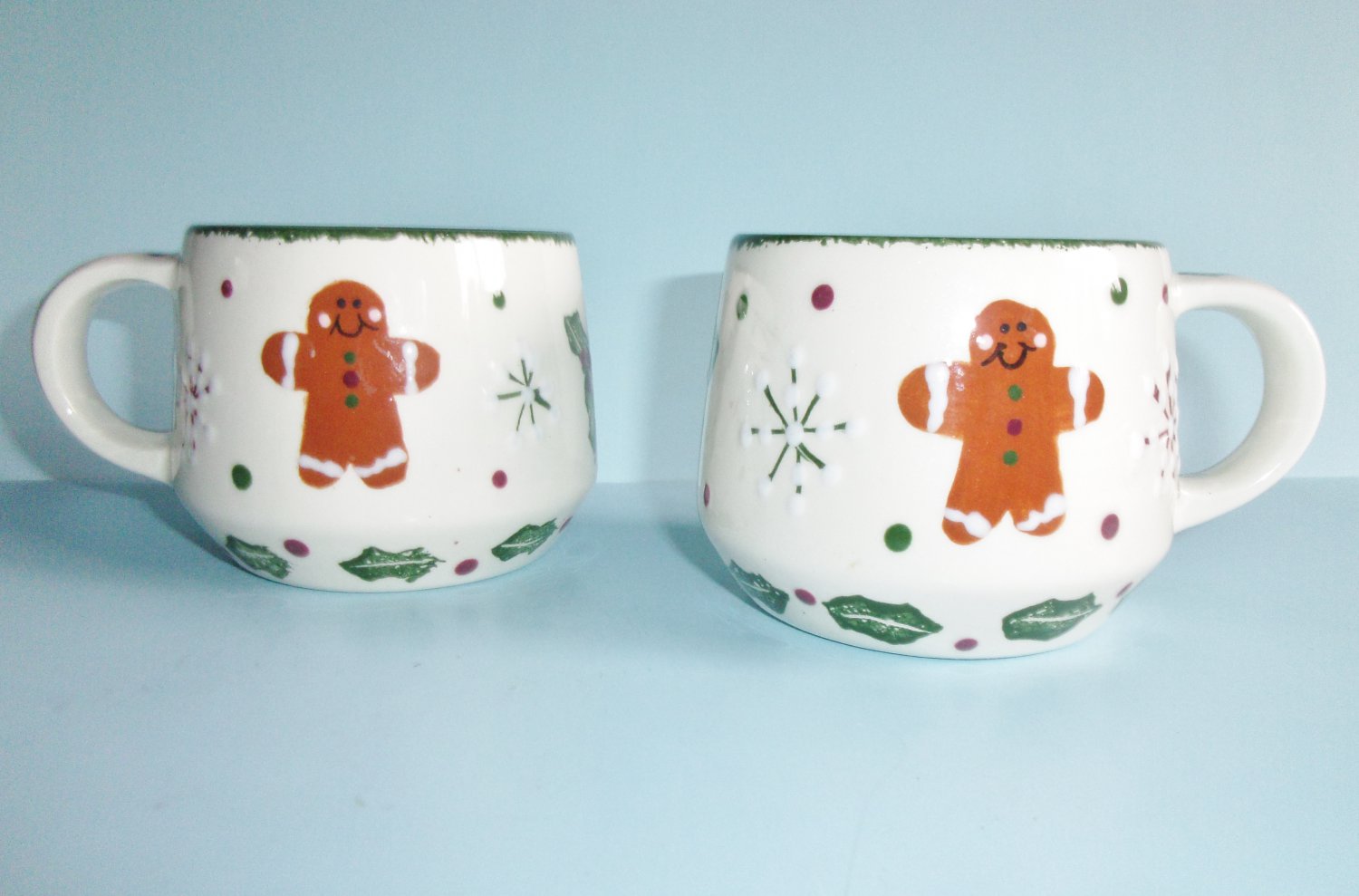2000 Frankoma Gingerbread Mugs With Holly Hand Painted Pair of Holiday Mugs