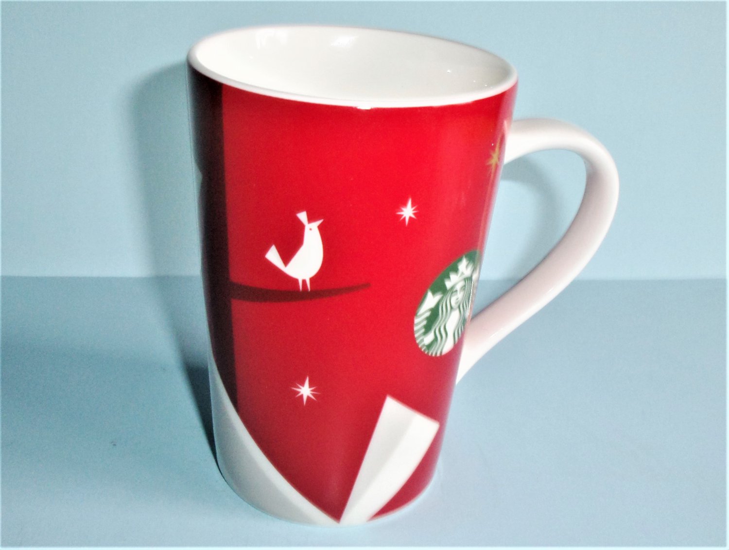 2012 Starbucks Coffee Holiday Mug Tall Latte Mug Red With White Bird Partridge