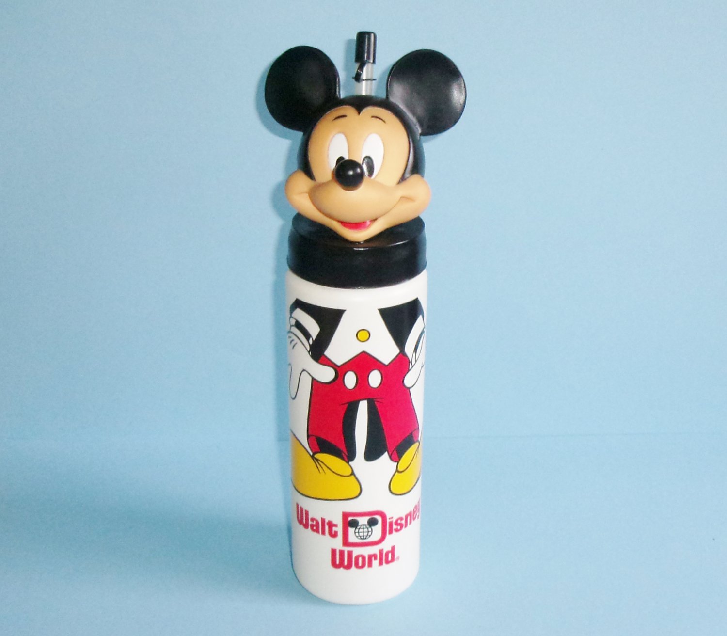 Walt Disney World Mickey Mouse Drink Bottle With Straw and Figural Lid Vintage