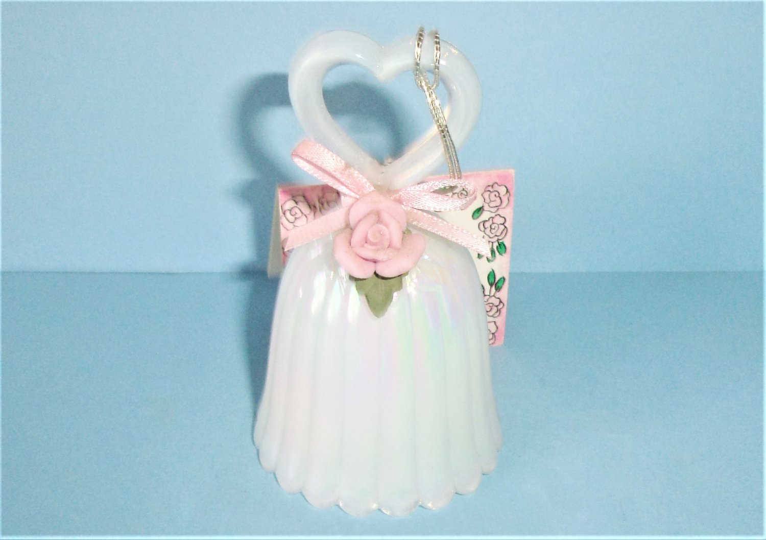 Fenton Pearly Sentiments Glass Bell With Porcelain Rose 1990s Vintage With Tags