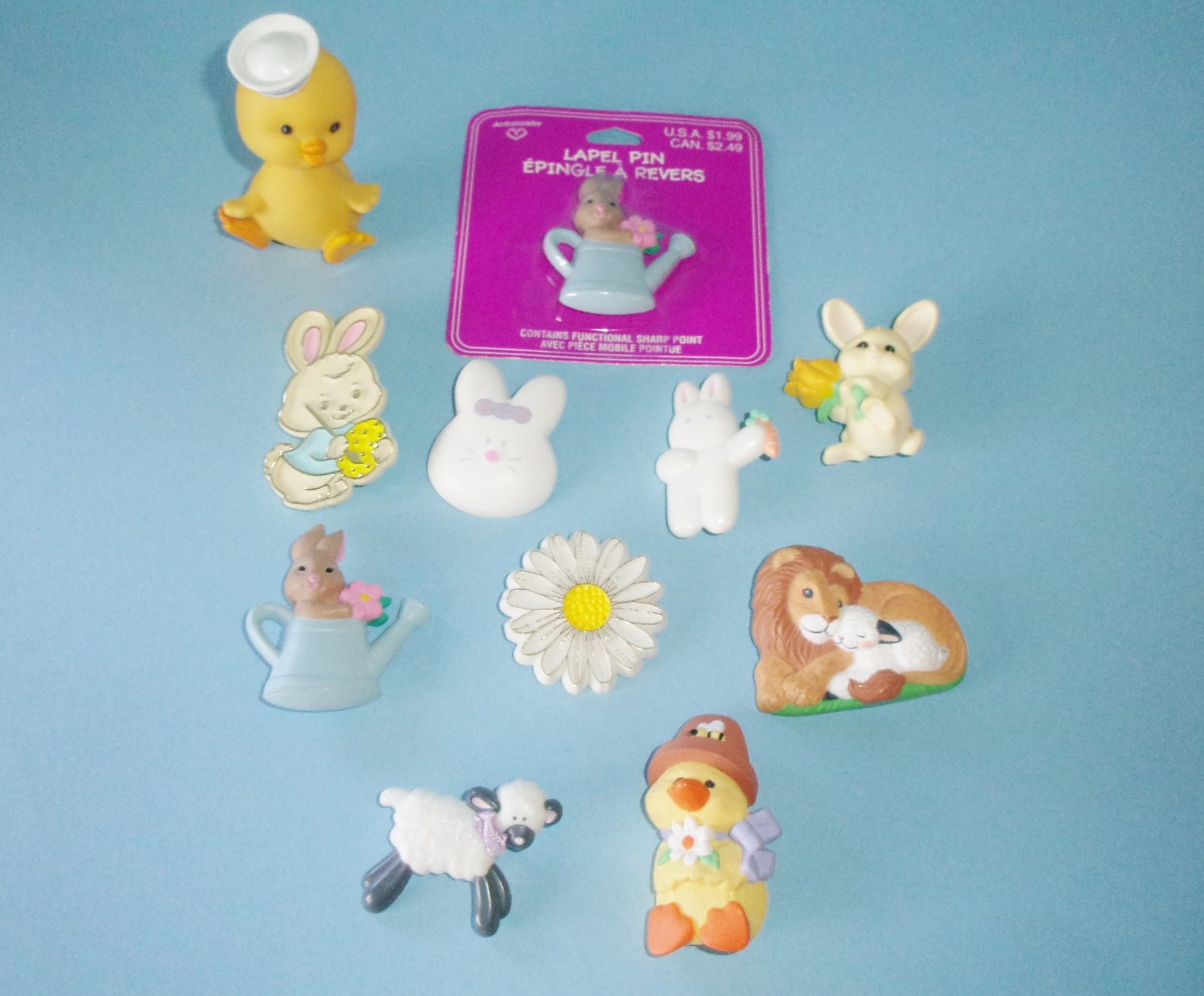 Hallmark Springtime Easter Lapel Pins Lot of 10 W/ Rubber Baby Chick Finger Puppet