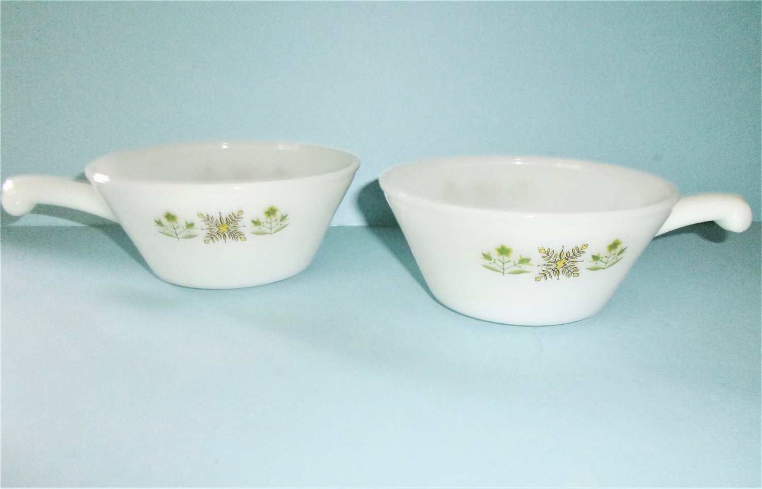 Fire King Meadow Green Pair Handled Soup or Chili Bowls 1970s