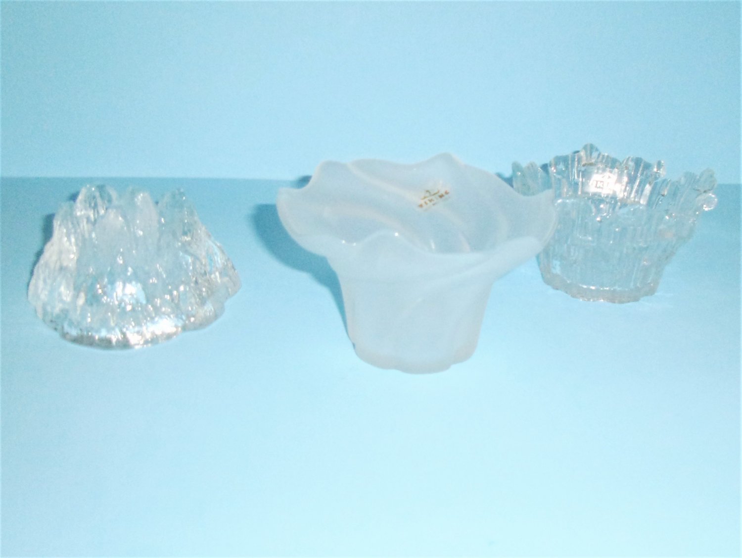 3 Vintage Glass Candle Holders Viking Glass Flower and Spiked Rim Plus Nybro Volcano
