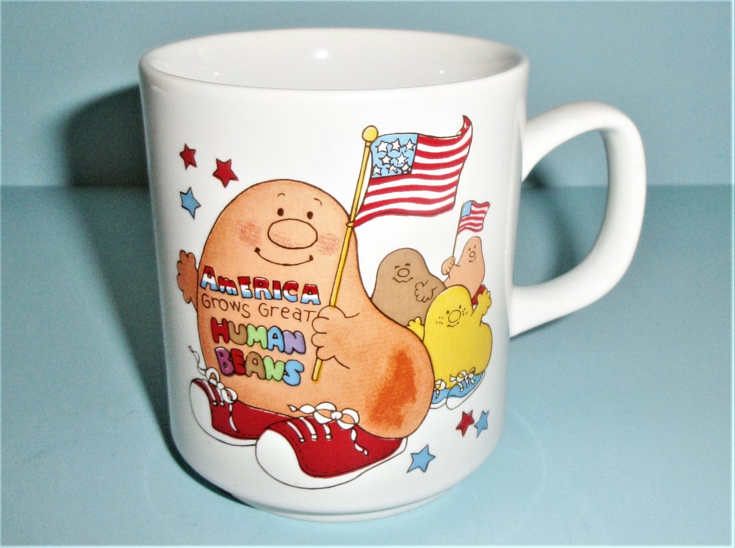 1981 America Grows Great Human Beans Mug Ceramic With USA Flags Vintage Enesco