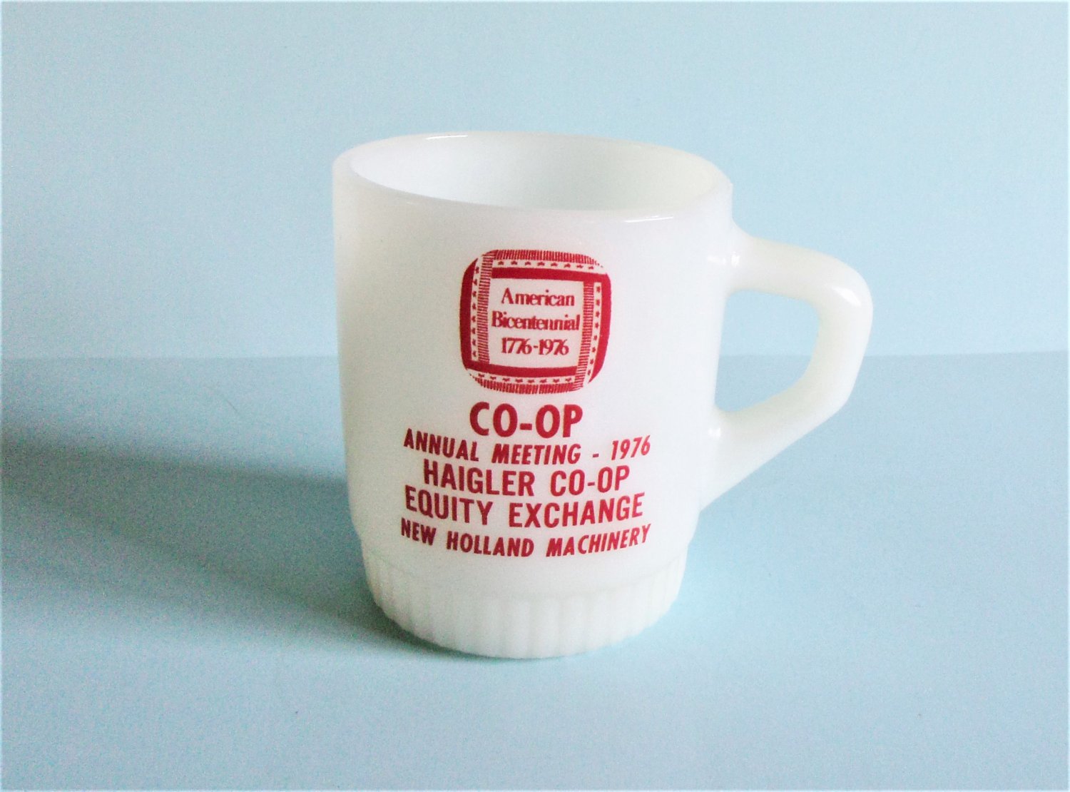 Fire King Advertising Mug USA Bicentennial Haigler NE Co-Op Vintage Glass Mug