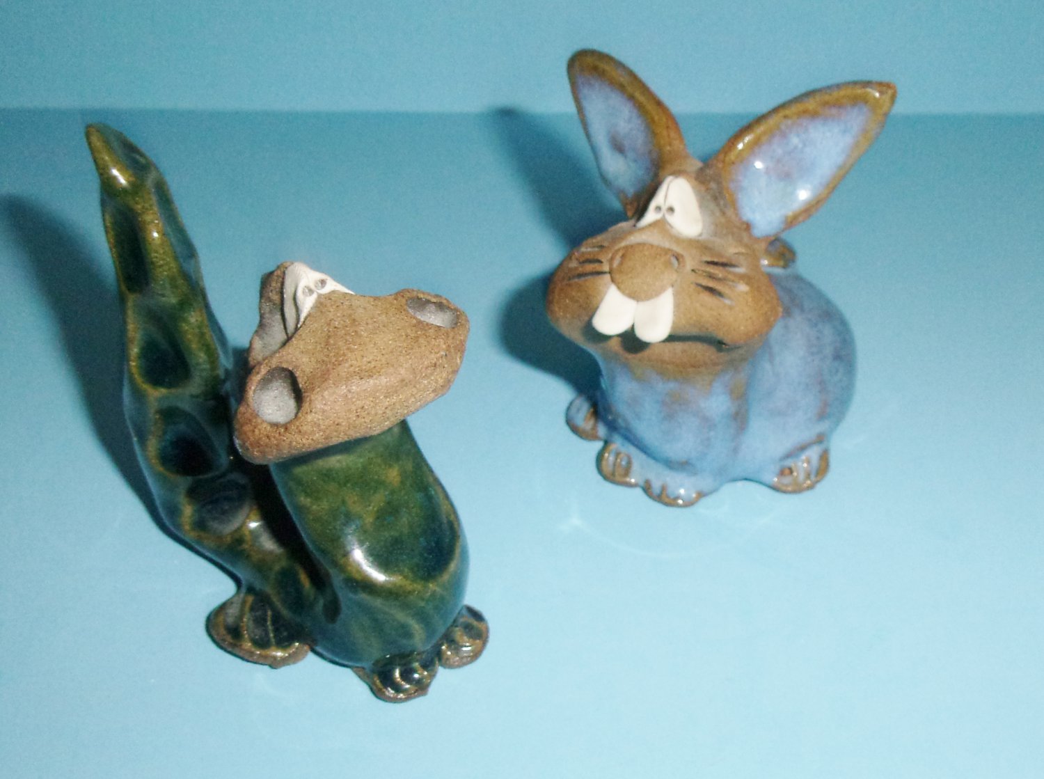 Comical Dragon and Rabbit Sculpted Clay Pottery Animals Vintage Boulder, CO Art Mart