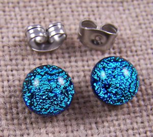 Tiny DICHROIC Post EARRINGS 1/4" 7mm Silver Sky BLUE Fused GLASS STUDS Dots
