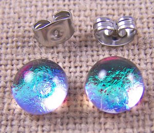 Tiny DICHROIC Post EARRINGS 1/4" 7mm Clear GOLD Yellow Green Fused GLASS STUDS