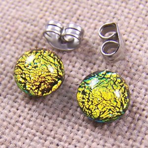 Tiny DICHROIC Post EARRINGS 1/4" 7mm Yellow GOLD Golden Fused GLASS Lolly STUDS