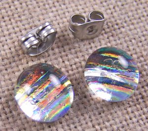 Tiny DICHROIC Post EARRINGS 1/4" 7mm Clear Golden Peach Striped Fused GLASS STUD