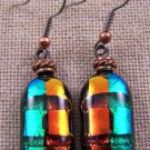 DICHROIC Glass EARRINGS Copper Orange Emerald Green Striped Dangle Surgical 1"