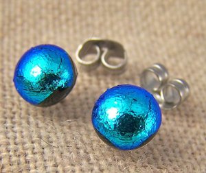 Tiny DICHROIC Post EARRINGS 1/4" 7mm Teal Turquoise BLUE Fused GLASS STUDS Dots