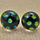 DICHROIC Earrings Gold Teal Black Square Polka Dot Patterned Post 1/4" 7mm STUDS