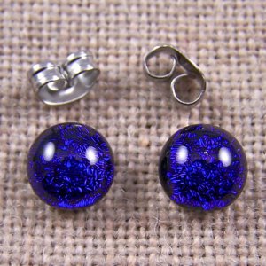 Tiny DICHROIC Post EARRINGS 1/4" 7mm Cobalt Sapphire BLUE Fused GLASS STUD Dots