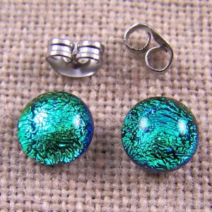 Tiny DICHROIC Post EARRINGS 1/4" 7mm Teal Green Fused GLASS STUDS Dichro Dots