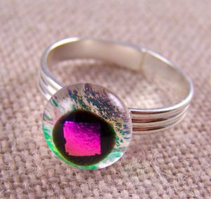 Tiny Adjustable Glass Ring - 1/4" 6mm 7mm - Magenta Pink Fuchsia Dot Clear Opal