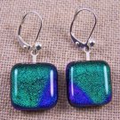 DICHROIC Earrings Teal Green Cobalt Blue TIE DYE Eurowire Lever Dangle 5/8" 16mm